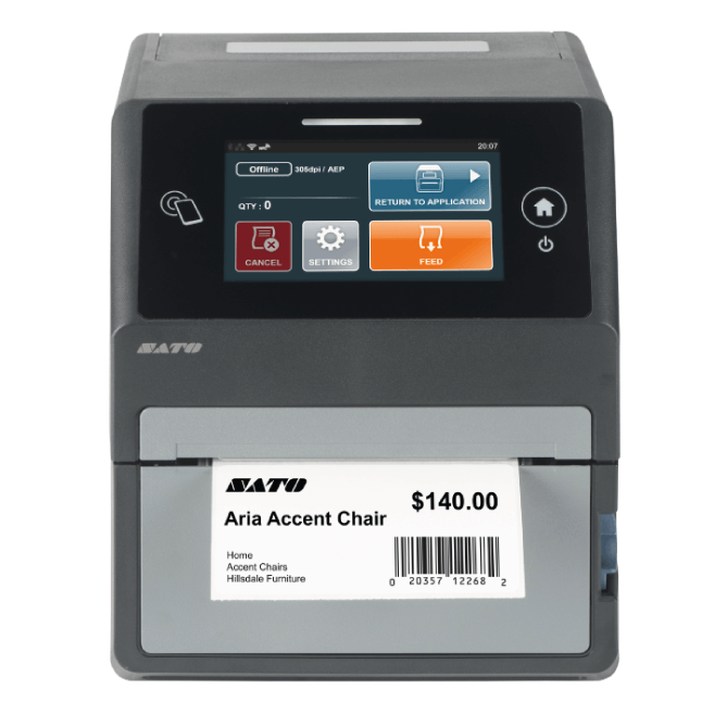 Experience true SATO innovation with the CT4-LX printer, blending compact design and powerful performance. Perfect for fast-paced businesses, it offers thermal printing up to 128mm width, seamless integration, and RFID capability for efficiency in price labelling, inventory management, and shipping. Save time and boost productivity.