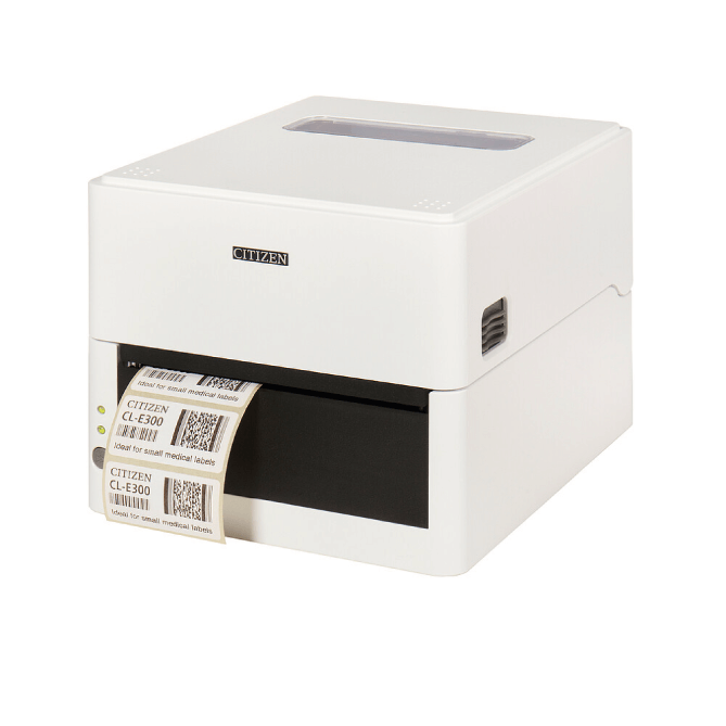Introducing the Citizen CL-E300, a compact direct thermal label printer ideal for retail, logistics, courier services, pharmacies, and medical applications. Its front-side operation saves space while delivering high performance with speeds up to 200 mm/sec and resolutions of 203 or 300 dpi.